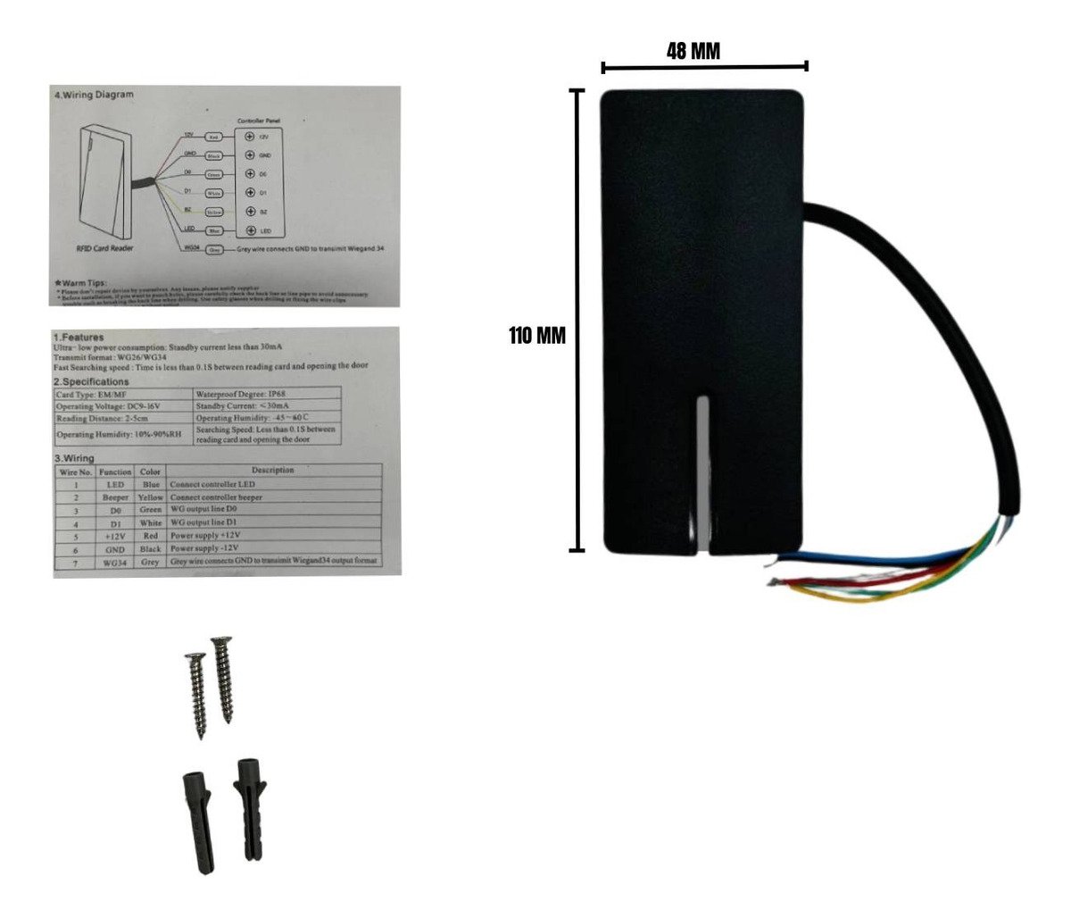 Lector RFID EM 110 x 48mm 125 KHZ salida Wiegand 26 /613 - Imagen 3