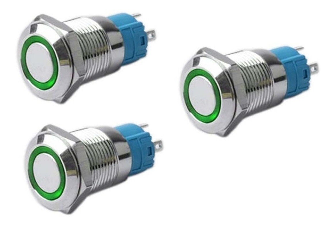 Pack X 3 Interruptor Metálico 3a 16mm Led Verde 12v