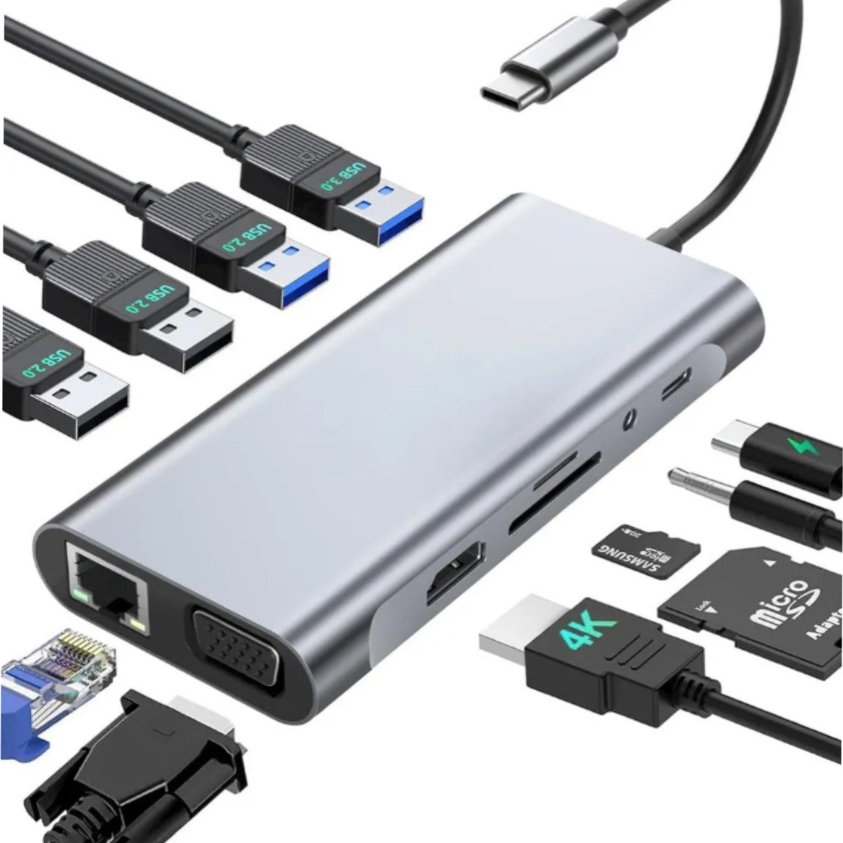 Hub Usb C 11 En 1 Con HDTV 4k Usb 3.0 100 Wpd, Vga, Mac, Win